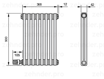 Схема (чертеж) Радиатор Zehnder Charleston 2090/8 №V004 Белый глянцевый RAL 9016